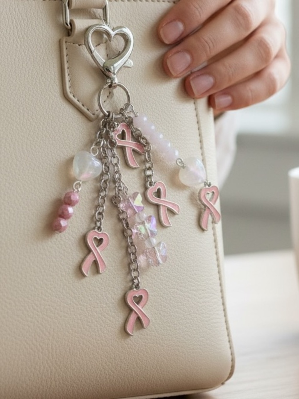 HAND CRAFTED BREAST CANCER AWARENESS BAG CHARM Pink Ribbon Purse Clip Key Chain